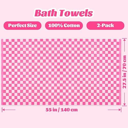 Jacquotha Hot-Pink Checkered Cotton Bath Towels Set of 2 - Cute Aesthetic Bathroom Towels for Women Girls Teens, Valentines Bathroom Decor 27.5" x 55" thumbnail 3