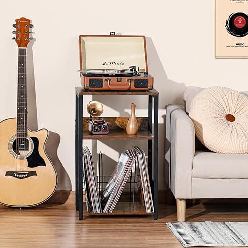 LELELINKY 3 Tier End Table,Record Player Stand with Storage Up to 100 Albums,Turntable Stand for Vinyl,Brown Records Shelf for Living Room Bedroom thumbnail 3