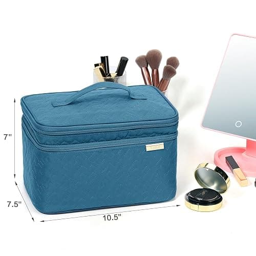 NISHEL Large Double Layer Travel Makeup Bag Women, Cosmetic Case, Organizer for Travel-Size Accessories Bottles, Brushes, Conditioner, and Skin Care Products, Lake Blue thumbnail 6