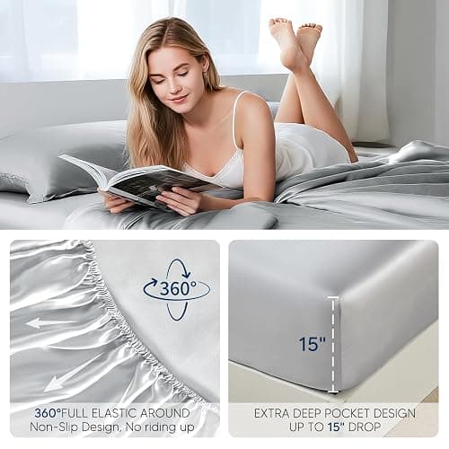 Tokokimo Satin Sheets Queen Size 4 PC - 16" Deep Pocket Silky Soft Bed Sheets, Wrinkle-Free Satin Silk Sheet, Hair & Skin Saver Bed Sheets Set with 1 Fitted Sheet, 1 Flat Sheet, 2 Pillow Cases thumbnail 3