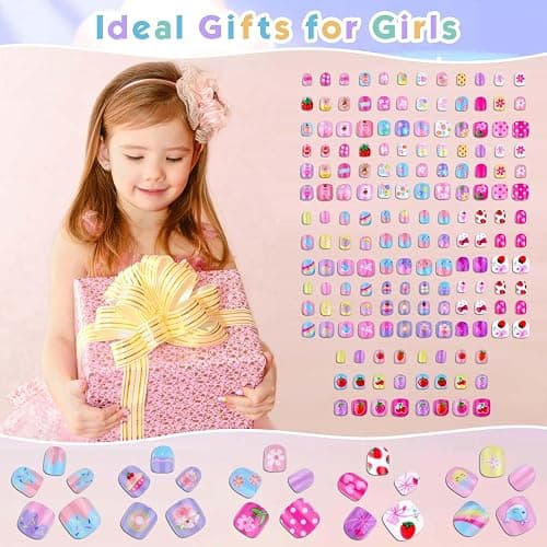 168Pcs Kids Press on Nails Set for Little Girls, Shynek Mini Fake Nails for Kids Pre Glue Stickers Nails Full Cover Small Nail Tips for Girls Gifts 8-10 (Extra Small Nail Size) thumbnail 6