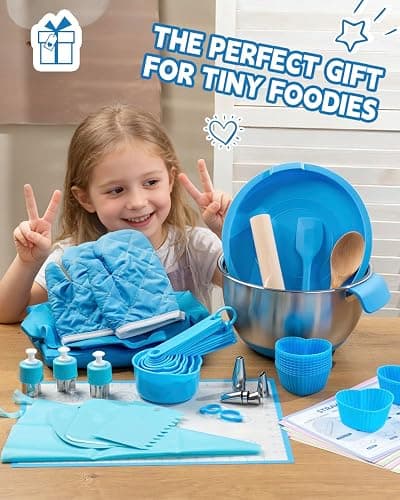 Kids Baking Set–Real Cooking Set for Kids with Kids Cooking Utensils & Kitchen Accessories, Measuring Tools & Baking Supplies,Great Gift for Pretend Play & Montessori Learning (Blue) thumbnail 2