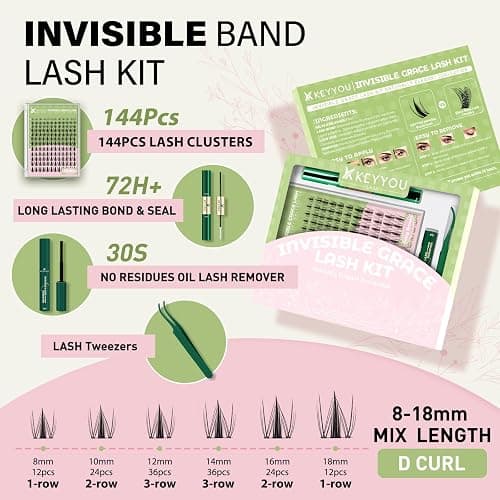 KEYYOU Fairy Lash Clusters Kit, Manga Eyelash Extension Kit at Home, 144pcs D Curl Wispy Natural Invisible Band Lash with Waterproof Lash Extensions Kit (Fairy-D-8-18MIX) thumbnail 2