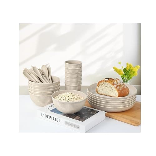 36-Piece Reusable Wheat Straw Dinnerware Sets for 6, Farielyn-X Unbreakable Reusable Set Kitchen Cups, Plates, Bowls Sets & Cultery Dishwasher Microwave Safe - Patio, Outdoors, RV, Camping Dishes thumbnail 8
