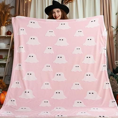 Smoofy Halloween Throw Blanket, Pink Ghost Fleece Halloween Blanket 50"x60" | Cute Pink Halloween Room Decor, Fluffy 3D Spooky Halloween Blanket for Sofa & Bed thumbnail 9