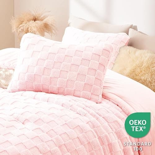 CozyLux Fleece Queen Comforter Set Blush Pink,Super Soft & Warm Fluffy Bedding with Checkered Pattern,Luxury Fuzzy Heavy Bed Set for Winter,3 Pieces,1 Comforter and 2 Pillowcases thumbnail 3