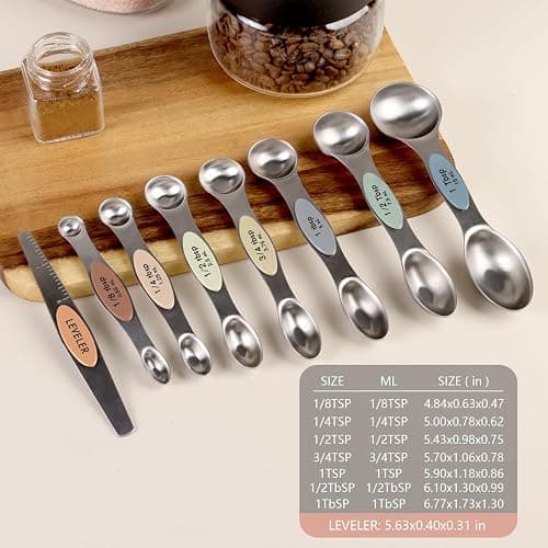 ChefAide Pack of 8 Stainless Steel Magnetic Measuring Spoons Set, Dual Sided, Stackable, Adjustable Teaspoon and Tablespoon Measure Spoon with Leveler, Kitchen Gadgets thumbnail 3