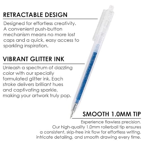 Grabie 18 Color Glitter Gel Pens, Retractable Sparkle Art Pens | Retractable Design, Smooth Gel Ink, Sparkling Finish, Acid Free Ink, Quick Drying, Coloring Books, Journaling, Drawing thumbnail 2