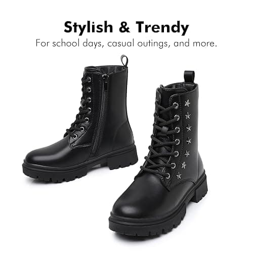 Ahannie Girls Combat Boots Kids Black Boots with Side Zipper | Easy On/Off, Cushioned Comfort, Lace-Up for Fit, Cute Star Detail thumbnail 6