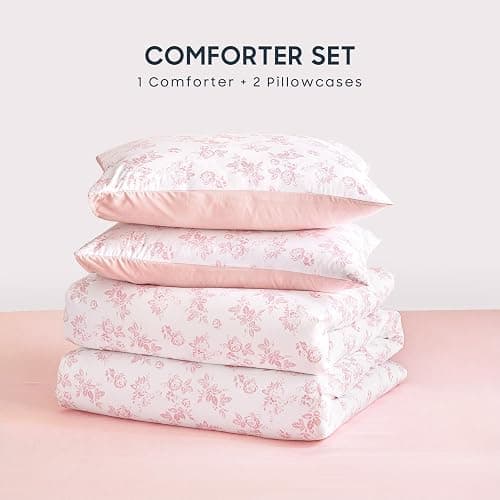 Wake In Cloud - Cottagecore Comforter Set, Floral Vintage Flower Shabby Chic Coquette Aesthetic for Women Teen Girls, Soft Lightweight Dorm Bedding, 3 Pieces, Pink, Twin/Twin XL Size thumbnail 2