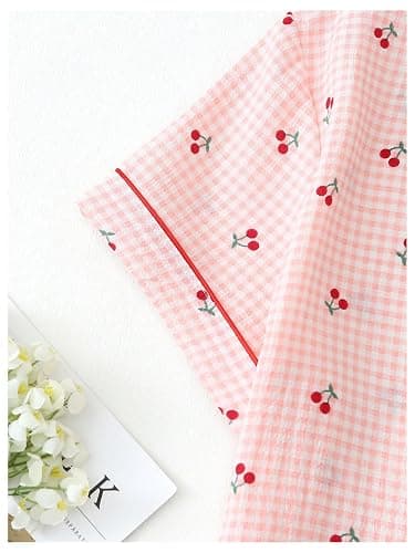 BEAUDRM Women's Two Piece Pajama Sets Allover Print Short Sleeve Sleepwear Button Down Shirt and Bow Shorts Pj Set Loungewear thumbnail 3