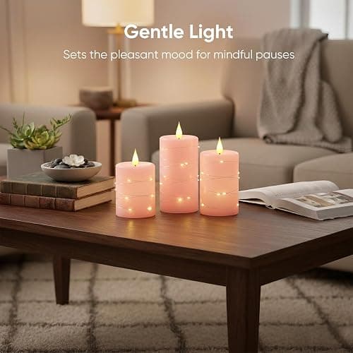 Amagic 3"×4" 5" 6" Flameless Candles with String Lights, Pink 11-Key Remote & Timer Battery Operated Flickering Led Pillar Candles Real Wax for Home, Lantern, Halloween and Christmas Decor, Set of 3 thumbnail 4