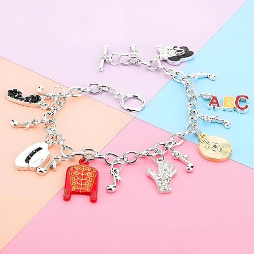 Music Inspired Charm Bracelet, Silver Chain with Red Jacket, Hat, Glove, BAD Charms, 7.29 Inch thumbnail 5
