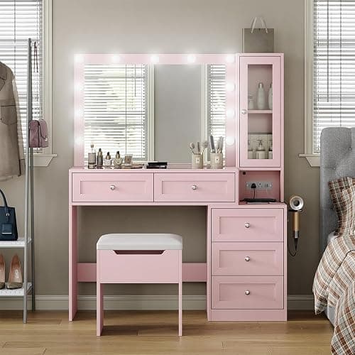 CollaredEagle 43" W Vanity Desk with Mirror & 11 Lights, 5 Drawer Modern Makeup Desk with Glass top & Cushioned Stool, 3 Lighting Modes Brightness Adjustable,Power Outlet,Bedroom, Pink thumbnail 5