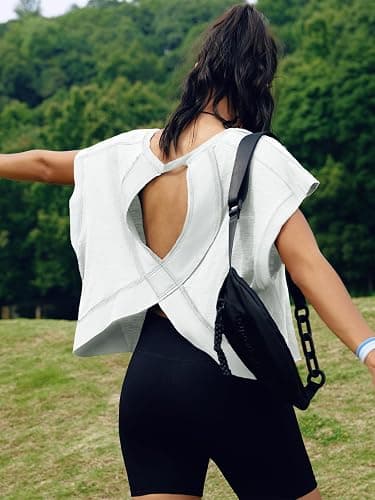 SENSERISE Womens Open Back Workout Tops Backless Short Sleeve Athletic Shirt Running Crop Top Gym Yoga Tee thumbnail 4