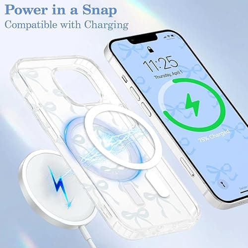 UEEBAI Magnetic for iPhone 14 & iPhone 13 Case, Bow Case Compatible with MagSafe, Wireless Slim Clear Ribbon Phone Cover Anti-Yellowing Shockproof Protective Cover for Women Girl - Baby Blue - Baby Blue - iPhone 13/14 thumbnail 4