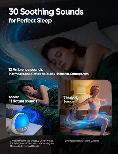 Sunrise Alarm Clock White Noise Machine, Sleep Timer 15-180 mins, 30 Soothing Sounds for Baby Adults Kids, 11 Night Light Colors & Natural Wake Up Light, Easy Set Your Alarms thumbnail 5