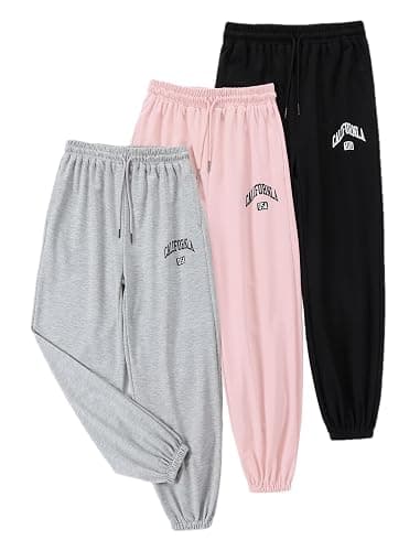 EXARUS 3 Pack Girls' Letter Graphic Print Sweatpants with Pockets Sweat Pants High Waisted Cute Joggers Pants 6-14Y - Image 1