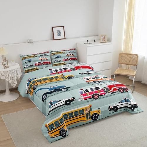 Erosebridal Fire Truck Comforter Set,Police Car Down Comforter Twin Size,School Bus Bedding Set for Kids Boys Teens Youth,Equipped Truck Cartoon Vehicle Quilt Duvet Insert Bedroom Dorm Decor 2 Pcs thumbnail 2