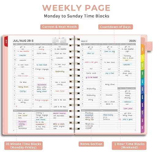 Academic Diary 2025-2026 Weekly Planner, A5 Week to View Teacher Planner - 30-Minute Appointment Book, Mid Year Diary August 2025 - July 2026 with Colorful Monthly Tabs, Boost Productivity - Pink thumbnail 6