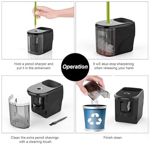Electric Pencil Sharpener Heavy-Duty Helical Blade Sharpener with Adapter/Battery Operated for No.2/ (6-8mm) Pencils with Auto Stop & Cleaning Brush in School/Classroom/Office (Black) thumbnail 4