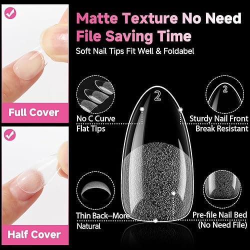 UNA GELLA 504Pcs Medium Pointed Almond Nail Tips, Pre-shape Almond Gel Nail Tips Half Matte Full Cover Acrylic Clear Press on Fake Nails Tips for Nail Extension Nail Art DIY Salon 12 Sizes thumbnail 5