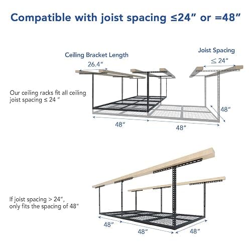 FLEXIMOUNTS 4x8 Overhead Garage Storage Rack, Adjustable Organization System, Heavy-Duty Metal Ceiling Racks, 750lbs Weight Capacity, Black, Classic Series thumbnail 3
