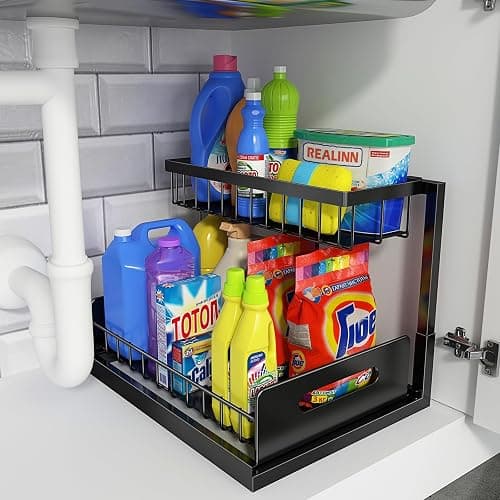 REALINN Under Sink Organizer, Pull Out Cabinet Storage 2 Tier Slide Out Sink Shelf, Kitchen Organizers and Storage, Black, 1 Pack - Image 1