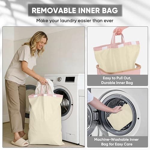 BALEINE Laundry Hamper with Lid, Tall Laundry Baskets with Bamboo Pull Handles, Large Laundry Bin with Internal Support (26 Gal/100L, Pink) thumbnail 3