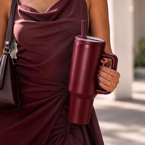 40oz Stainless Steel Insulated Tumbler with Handle & Straw Lid, Notable Red | Double-wall vacuum design, leak-proof lid, Keeps drinks cold & hot, perfect for shopping, commuting, fall travel, camping thumbnail 6