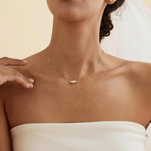 Decholly Gold Pearl Necklaces for Women Trendy, 14K Gold Plated Dainty Necklace Simple Layered Pearl Necklaces for Women Trendy Wedding Birthday Jewelry thumbnail 2