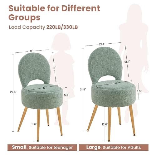 ZYKZYK Small Vanity Stool Chair with Storage and Folding Back,4 Metal Legs with Anti-Slip Feet,Round Ottoman with Velvet Seat, Furry Padded Seat for Makeup, Bedroom (Green, Small) thumbnail 3