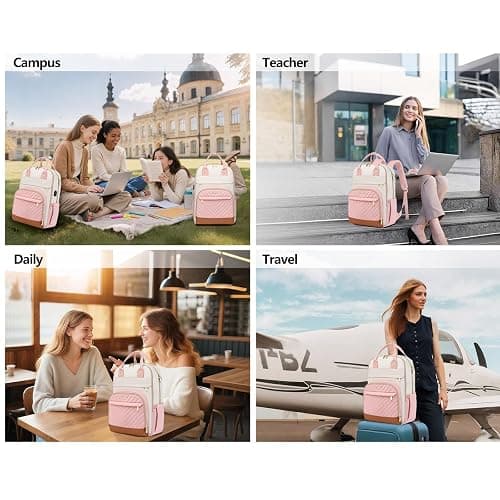 School Backpack for Women Teen Girls - 15.6 inch Laptop Backpack with USB Charger Waterproof College Bookbag Casual Daypack Computer Backpack for Work Travel Backpacks for Teacher Nurse Pink Beige thumbnail 7