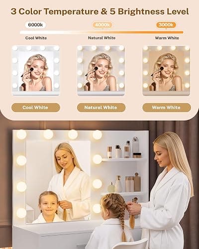LIVELYGLOW White Makeup Vanity with 10 Hollywood Light Bulbs, 35.4" Wide Dressing Table with Large Mirror & Dimming Function, Small Space Vanity Desk with 2 Drawers, Storage Cabinet & Shelves thumbnail 4