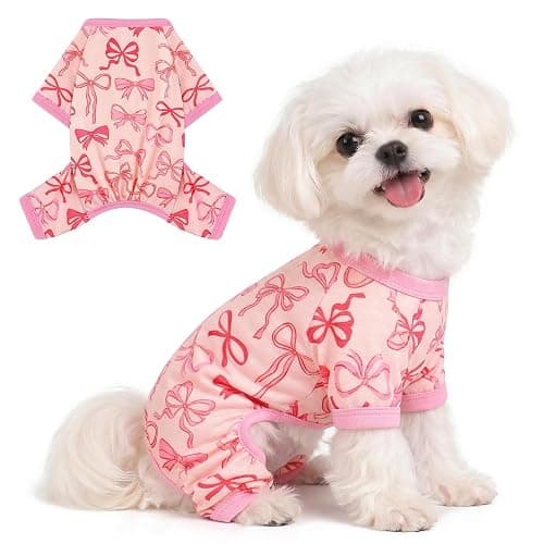 DaFuEn Dog Pajamas for Small Dogs, Soft Stretchy 4 Legs Puppy Jumpsuit, All Season Cozy Pet PJs for Chihuahua Yorkie Teacup Dogs, Cat Clothes (Pink Bow, L) - Image 1