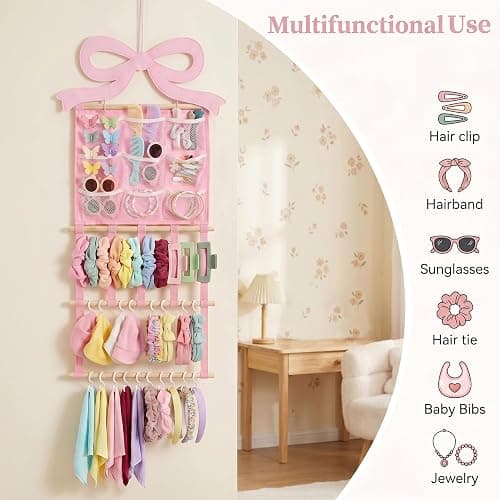 Ohmique Bow Organizer for Girls - Pink Bow Holder for Girls Hair Bows, Hair Clip Organizer Headband Storage Hanger Girl Headband Display Wall Mounted Accessories for Nursery Bedroom Girl Room thumbnail 5