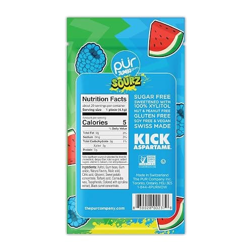 PUR Jumbo SOURZ Gum | Aspartame Free Chewing Gum | 100% Xylitol | Natural Flavor | Sour Blue Raspberry, Sour Watermelon, 20 Pieces (Pack of 1) thumbnail 2