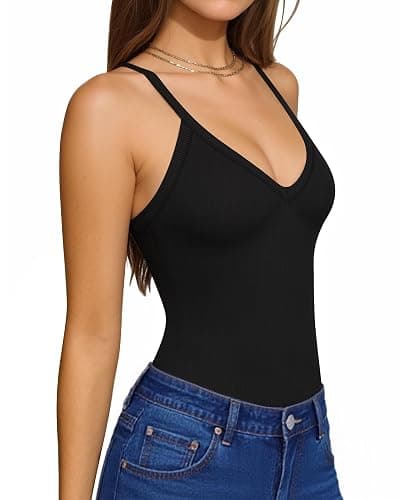 MANGOPOP Women's V Neck Tank Top Bodysuits Racerback Slim Fit Sleeveless Body suit Sexy Spaghetti Strap Ribbed Tops thumbnail 3