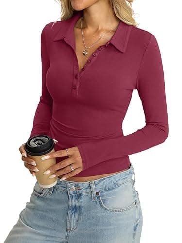 Womens Cotton Polo Collared Shirt Long Sleeve Sexy Deep V Neck Top Button Up Slim Fitted Tee Business Casual Outfit thumbnail 3