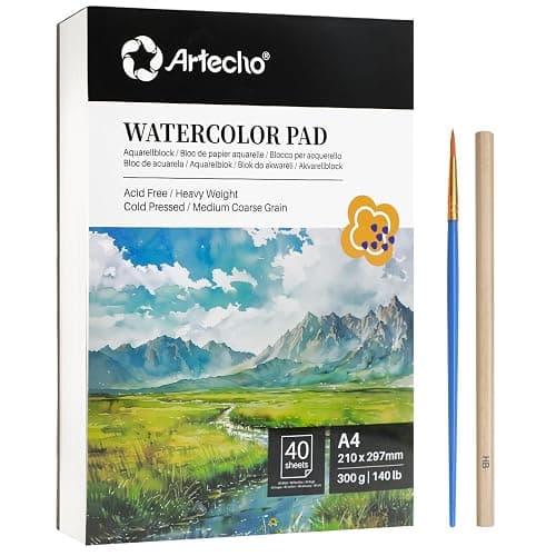 Artecho Watercolour Paper A4 Pad 40 Sheets with Watercolour Brush and Pencil, Water Colour Paper 300gsm, Art Paper Pad, Watercolour Sketchbook for Painting, Drawing, Sketching and Mixed Media - Image 1