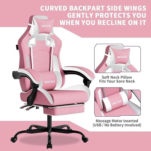 WOTSTA Gaming Chair with Massage,Ergonomic PC Gaming Chair with Footrest Comfortable Headrest and Lumbar Support,High Back Game Chair PVC Leather,300LBS (Pink) thumbnail 8