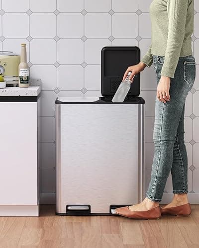 Arlopu 16Gal Dual Trash Can w/2 Built-in Box for Odor Control, Hands-Free Kitchen Garbage Bin, Recycle Waste Dustbin, Soft-Close Lid, 2 Buckets,Foot Pedal, Side Handle, Airtight,for Home Office thumbnail 7