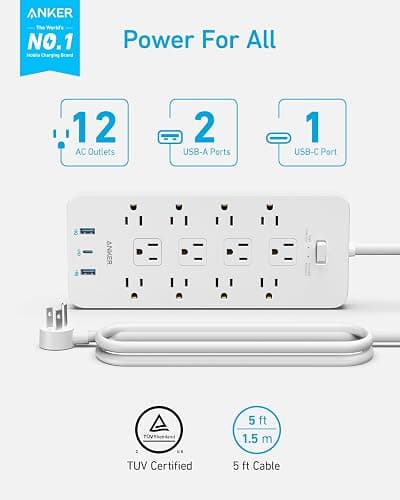 Anker Power Strip with 3 USB Ports, Surge Protector (2100J-5ft), 12 Outlets with 2 USB-A Ports and 1 USB-C Port,Flat Plug, Works with iPhone 16/16 Plus/16 Pro/16 Pro Max,for Home,Office, TUV Listed thumbnail 2