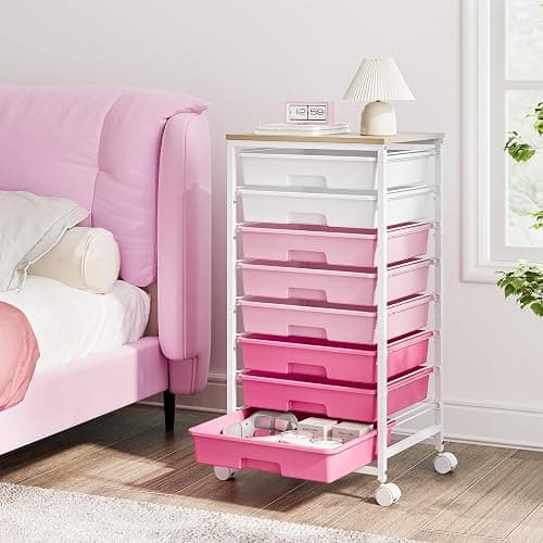 Rolling Cart with Drawers, Pink Cart with 8 Plastic Drawer Storage and Wooden Tabletop, Craft Storage, Teacher Cart, Storage Cart on Wheels, Rose Pink thumbnail 8