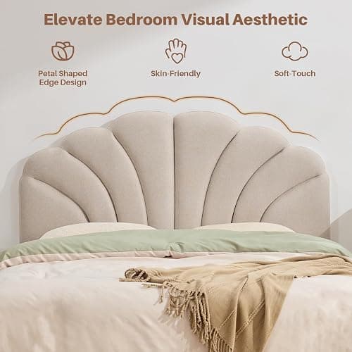 FriFurne Queen Size Headboard Only, Upgraded One-Piece Upholstered Headboard Adjustable Height&Width Full Bed Headboards Modern Soft Linen Petal Curved Padded Head Board, Light Brown thumbnail 5