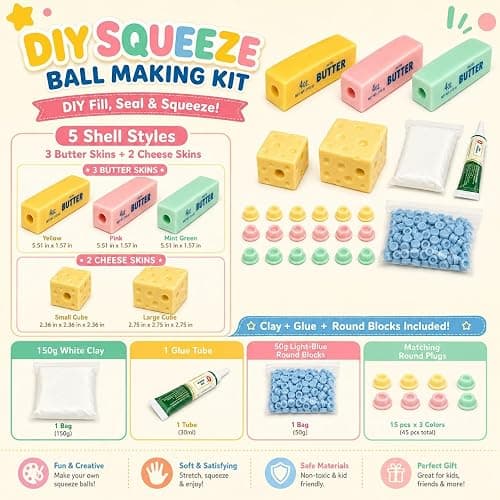 Cheese & Butter Squishy Skin Stress Ball Kit, Easy Handmade Sensory Squishy | Includes 5 Cheese & Butter TPR Skins and 7.05 oz Filler, Calming ASMR Craft, Great for Anxiety Relief and Creative Play thumbnail 3