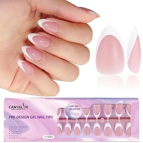 Canvalite French Tip Press on Nails - 300Pcs Pre-Colored Short Gel Nail Tips, Quick and Easy Almond Fake Nails With Designs, DIY French Tip, Pink White - Image 1