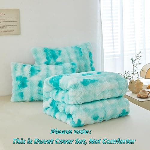 SUCSES Fluffy Comforter Cover Set Queen Size 3 Pieces Tie Dye Faux Fur Duvet Cover Set Warm Soft Luxury Velvet Girls Bedding Sets for Boys Room Decor(Tie Dye Aqua, Queen) thumbnail 7