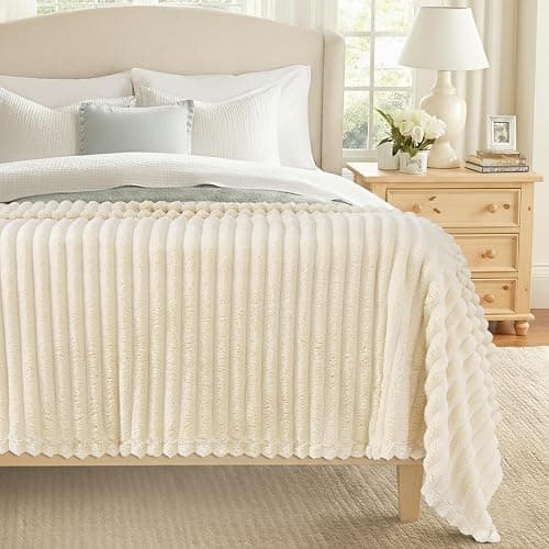 decorUhome Soft Fleece Beige Throw Blanket for Couch, Cozy Fluffy Plush Flannel Striped Blanket for Sofa Bed, Lightweight Decorative Ribbed Fuzzy Blanket for Woman, 50x60 Inches thumbnail 7