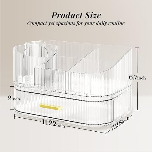 Delamu Makeup Organizer for Vanity with Stackable Drawers, 360 Rotating Makeup Brush Holder Large Cosmetic Display Case, Bathroom Skincare Storage, Crystal Clear, Ideal Christmas Gifts for Girls thumbnail 2